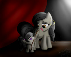 Size: 1000x800 | Tagged: safe, artist:marylinnblack, imported from derpibooru, octavia melody, oc, oc:capriccio melody, alternate hairstyle, bow (instrument), cute, duo, earring, mouth hold, piercing, sisters, younger