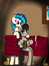 Size: 768x1024 | Tagged: safe, artist:marylinnblack, imported from derpibooru, dj pon-3, octavia melody, vinyl scratch, anatomically incorrect, blushing, book, chair, couch, ear bite, female, incorrect leg anatomy, lesbian, painting, scratchtavia, shipping