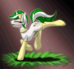 Size: 1200x1129 | Tagged: safe, artist:miniferu, imported from derpibooru, oc, oc only, oc:mint leaf, pony, unicorn, active stretch, animated, blinking, blushing, gift art