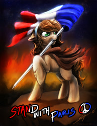 Size: 1000x1294 | Tagged: safe, artist:slifertheskydragon, imported from derpibooru, oc, blood, flag, france, injured, mouth hold, paris, raised hoof, solo, stand with paris