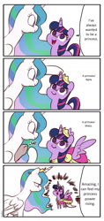 Size: 820x1732 | Tagged: safe, artist:imalou, imported from derpibooru, princess celestia, twilight sparkle, twilight sparkle (alicorn), alicorn, pony, 4koma, :i, ascension, aura, big eyes, cheek puffing, clapping, clothes, comic, coronation dress, cute, dress, female, mare, meme, momlestia, parody, power, princess pony, tiara, twiabetes