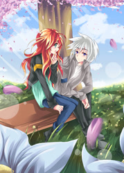 Size: 644x900 | Tagged: safe, artist:kiriche, imported from derpibooru, sunset shimmer, oc, equestria girls, anime, bench, canon x oc, clothes, cloud, commission, cute, eye contact, female, flower, humanized, looking at each other, male, open mouth, patreon, shimmerbetes, shipping, sitting, sky, straight, tree, under the tree