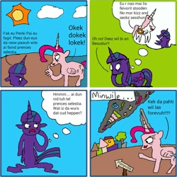 Size: 720x720 | Tagged: safe, artist:applejackfkingsucks, imported from derpibooru, pinkie pie, princess celestia, twilight sparkle, alicorn, pony, 1000 hours in ms paint, comic, female, lesbian, pinkiecorn, race swap, shipping, twilestia, twilight sparkle (alicorn), xk-class end-of-the-world scenario