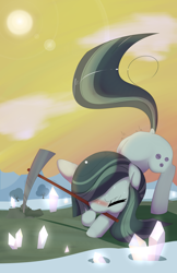 Size: 3300x5100 | Tagged: safe, artist:kryptchild, imported from derpibooru, marble pie, earth pony, pony, hearthbreakers, blushing, cute, eyes closed, female, marblebetes, mare, pickaxe, snow, solo