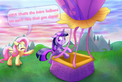 Size: 1422x957 | Tagged: safe, artist:ioncorupterx, deleted from derpibooru, imported from derpibooru, fluttershy, twilight sparkle, alicorn, pony, the hooffields and mccolts, breaking the fourth wall, dialogue, female, hot air balloon, mare, twilight sparkle (alicorn), twinkling balloon