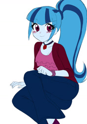 Size: 1074x1517 | Tagged: safe, artist:rileyav, imported from derpibooru, sonata dusk, equestria girls, blushing, clothes, female, gem, jeans, looking at you, pants, siren gem, sitting, solo