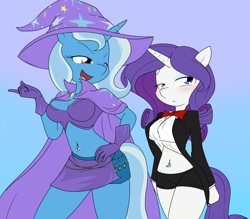 Size: 1186x1041 | Tagged: safe, artist:sandwich-anomaly, imported from derpibooru, rarity, trixie, anthro, belly button, belly piercing, bellyring, blushing, bowtie, cape, cleavage, clothes, embarrassed, evening gloves, female, gloves, hat, lesbian, midriff, open mouth, piercing, rarixie, shipping, wink, wizard hat