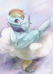 Size: 1200x1697 | Tagged: safe, artist:kuzumori, imported from derpibooru, rainbow dash, pegasus, pony, cloud, female, looking at you, on a cloud, solo