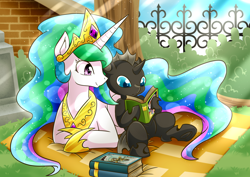 Size: 2120x1500 | Tagged: safe, artist:vavacung, imported from derpibooru, daring do, princess celestia, alicorn, changeling, pony, comic:changeling-scout, blanket, book, cute, cuteling, momlestia, prone, smiling, vavacung is trying to murder us