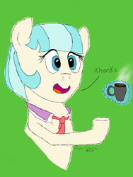 Size: 1200x1600 | Tagged: safe, artist:treble sketch, imported from derpibooru, coco pommel, earth pony, pony, coffee, female, food, happy, krita, magic, smiling, solo