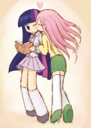 Size: 1323x1871 | Tagged: safe, artist:howxu, imported from derpibooru, fluttershy, twilight sparkle, human, blushing, book, cheek kiss, clothes, cute, duo, eyes closed, female, heart, humanized, kissing, lesbian, one eye closed, shipping, shoes, shyabetes, skirt, socks, thigh highs, twiabetes, twishy