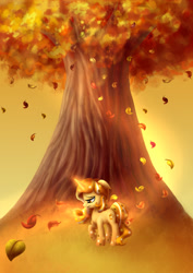 Size: 2625x3700 | Tagged: safe, artist:llamacheesecake, imported from derpibooru, oc, oc only, oc:stargrown glow, autumn, gradient hooves, gradient mane, leaves, sad, solo, stars, tree, universe pony