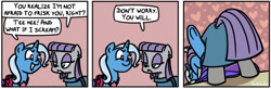 Size: 650x214 | Tagged: safe, artist:foudubulbe, imported from derpibooru, maud pie, trixie, pony, unicorn, comic:damp rocks, comic, dialogue, female, lesbian, mare, mauxie, shipping, speech bubble