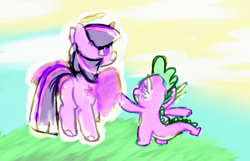 Size: 768x496 | Tagged: safe, artist:colorlesscupcake, imported from derpibooru, spike, twilight sparkle, alicorn, pony, butt, death, female, halo, mare, plot, sad, twibutt, twilight sparkle (alicorn)