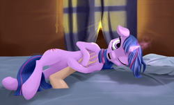 Size: 1920x1169 | Tagged: safe, artist:bronyjunk, imported from derpibooru, twilight sparkle, human, bed, curtains, disembodied arm, disembodied hand, hand, magic, one eye closed, open mouth, pillow