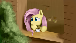 Size: 1920x1080 | Tagged: safe, artist:bronyjunk, imported from derpibooru, fluttershy, bee, female, flower, food, solo, tea, teapot, window