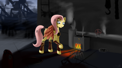 Size: 1920x1080 | Tagged: safe, artist:bronyjunk, imported from derpibooru, fluttershy, robot, clothes, constriction, female, fire, pipe, pipe (plumbing), solo, steam, steampunk