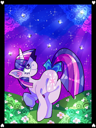 Size: 426x567 | Tagged: safe, artist:sluggy-slimes, imported from derpibooru, twilight sparkle, firefly (insect), female, flower, looking up, oekaki, solo, tail bow