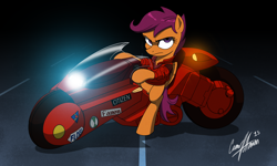 Size: 5100x3070 | Tagged: safe, artist:ceehoff, imported from derpibooru, scootaloo, pegasus, pony, akira, badass, crossover, female, filly, motorcycle, parody, scene parody, solo