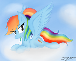 Size: 5000x4000 | Tagged: safe, artist:iflysna94, imported from derpibooru, rainbow dash, absurd resolution, alternate hairstyle, annoyed, cloud, female, paint tool sai, prone, signature, sky, solo