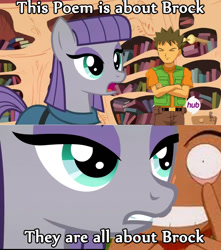 Size: 844x956 | Tagged: safe, edit, edited screencap, imported from derpibooru, screencap, maud pie, brock, caption, image macro, meme, pokémon, pun