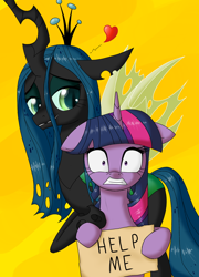 Size: 800x1112 | Tagged: safe, artist:deusexequus, imported from derpibooru, queen chrysalis, twilight sparkle, changeling, changeling queen, pony, fanfic:changeling courtship rituals, bedroom eyes, female, floppy ears, frown, grin, gritted teeth, heart, help, lesbian, mare, nervous, scared, shipping, sign, smiling, twisalis, wide eyes