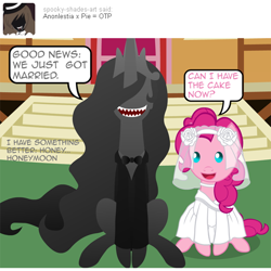 Size: 540x540 | Tagged: safe, artist:aha-mccoy, imported from derpibooru, pinkie pie, oc, oc:anonlestia, nopony-ask-mclovin, ask, canon x oc, clothes, dress, female, lesbian, shipping, speech bubble, tumblr, wedding dress