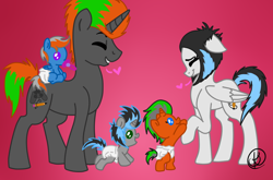 Size: 1024x674 | Tagged: safe, artist:daringashia, imported from derpibooru, oc, oc only, pegasus, pony, unicorn, diaper, family, female, foal, gradient background, heart, male, mare, pacifier, smiling, stallion, vector