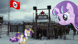 Size: 1920x1080 | Tagged: safe, artist:stiefelss, imported from derpibooru, rarity, starlight glimmer, twilight sparkle, alicorn, pony, barbed wire, communism, concentration camp, female, gulag, irl, mare, photo, ponies in real life, russia, stalin glimmer, twilight sparkle (alicorn)