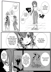 Size: 1024x1448 | Tagged: safe, artist:0ryomamikado0, imported from derpibooru, apple bloom, applejack, spike, anthro, human, comic:doki doki harmony, comic, humanized, manga, monochrome