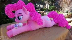 Size: 5312x2988 | Tagged: safe, artist:neysanight, imported from derpibooru, pinkie pie, cupcake, female, food, irl, life size, photo, plushie, prone, solo