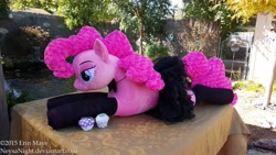 Size: 5312x2988 | Tagged: safe, artist:neysanight, imported from derpibooru, pinkie pie, clothes, cupcake, female, food, irl, life size, photo, plushie, prone, solo, stockings, tutu