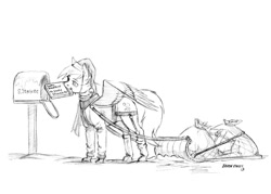 Size: 1200x860 | Tagged: safe, artist:baron engel, imported from derpibooru, derpy hooves, pegasus, pony, bag, breeching, britchen, clothes, female, harness, hat, jacket, letter, mailmare, mare, monochrome, mouth hold, pencil drawing, santa hat, scarf, simple background, snow, solo, toboggan, traditional art, working