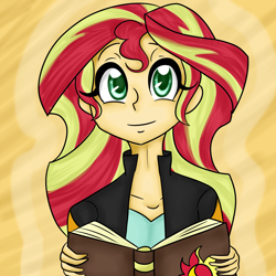 Size: 3000x3000 | Tagged: safe, artist:katkakakao, imported from derpibooru, sunset shimmer, equestria girls, book, clothes, cute, female, journal, leather jacket, looking at you, shimmerbetes, solo