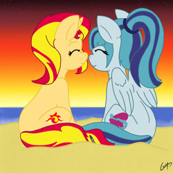 Size: 5000x5000 | Tagged: safe, artist:cessywotn, imported from derpibooru, sonata dusk, sunset shimmer, pegasus, pony, unicorn, equestria girls, absurd resolution, beach, boop, cute, equestria girls ponified, eyes closed, female, lesbian, noseboop, nuzzling, ponified, ponytail, shimmerbetes, shipping, simple background, sitting, smiling, sonatabetes, sunata, sunset