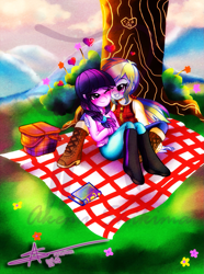 Size: 1115x1500 | Tagged: safe, artist:shikimaakemi, imported from derpibooru, rainbow dash, twilight sparkle, human, basket, blushing, book, boots, bush, clothes, female, humanized, lesbian, looking at each other, pants, picnic, shipping, signature, sitting, tree trunk, twidash, watermark, wink