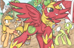 Size: 1024x661 | Tagged: safe, artist:ponygoddess, imported from derpibooru, applejack, big macintosh, gilda, granny smith, sunset shimmer, alicorn, earth pony, griffon, pony, unicorn, alicornified, apple, best princess, bigmacicorn, crossover, female, littlest pet shop, male, mare, princess big mac, race swap, spread wings, stallion, sunil nevla, sweet apple acres, voice actor joke