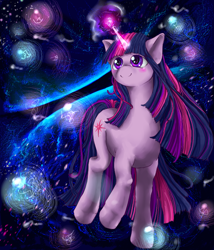 Size: 600x700 | Tagged: safe, artist:darkmewmewsun, imported from derpibooru, twilight sparkle, unicorn, blushing, female, smiling, solo, space, unicorn twilight