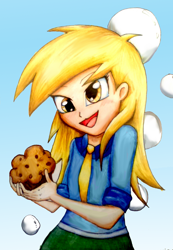 Size: 1440x2083 | Tagged: safe, artist:hiro-uzumaki, imported from derpibooru, derpy hooves, equestria girls, female, food, humanized, muffin, open mouth, solo, traditional art