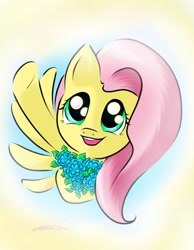 Size: 1024x1318 | Tagged: safe, artist:freeedon, imported from derpibooru, fluttershy, pegasus, pony, bouquet, bust, female, flower, holding, looking up, mare, one wing out, open mouth, portrait, reaching, smiling, solo, spread wings, waving, wings