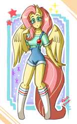 Size: 2300x3700 | Tagged: safe, artist:rezuserror, imported from derpibooru, fluttershy, anthro, clothes, dungarees, female, shirt, socks, solo