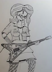 Size: 2683x3657 | Tagged: safe, artist:missmayaleanne, imported from derpibooru, sunset shimmer, cigarette, clothes, female, flying v, glasses, grayscale, guitar, monochrome, music, smoking, solo, stockings, tattoo, traditional art