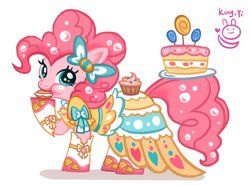 Size: 1024x756 | Tagged: safe, artist:kongyi, imported from derpibooru, pinkie pie, cake, candy, clothes, cupcake, dress, eating, female, food, lollipop, looking at you, macaron, plate, simple background, solo, white background