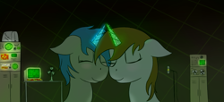 Size: 1271x582 | Tagged: safe, artist:corpselucefer, imported from derpibooru, oc, oc only, oc:homage, oc:littlepip, pony, unicorn, fallout equestria, eyes closed, fan, fanfic, fanfic art, female, floppy ears, glowing horn, horn, lesbian, magic, mare, microphone, oc x oc, pipmage, shipping, smiling, terminal