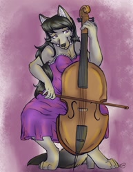 Size: 989x1280 | Tagged: safe, artist:fen-fen, imported from derpibooru, octavia melody, anthro, fox, cello, clothes, dress, female, furrified, furry, musical instrument, solo, species swap