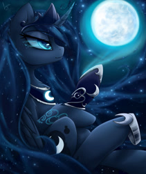 Size: 2700x3200 | Tagged: safe, artist:magnaluna, imported from derpibooru, princess luna, alicorn, pony, bedroom eyes, female, glowing eyes, magic, mare, moon, smiling, solo, stars