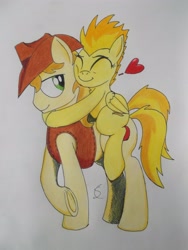 Size: 3216x4288 | Tagged: safe, artist:scribblepwn3, imported from derpibooru, braeburn, spitfire, earth pony, pegasus, pony, crack shipping, female, male, shipping, spitburn, straight, traditional art