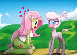 Size: 1370x976 | Tagged: safe, artist:the-butch-x, imported from derpibooru, fluttershy, pom lamb, lamb, sheep, them's fightin' herds, equestria girls, boots, clothes, community related, crossover, duo, female, heart, kneeling, looking at each other, open mouth, pom (tfh), scared, signature, skirt, socks, tanktop