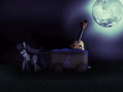 Size: 960x720 | Tagged: safe, artist:marylinnblack, imported from derpibooru, octavia melody, earth pony, pony, cart, cello, coffin, female, full moon, hair over eyes, moon, musical instrument, night, sad, solo