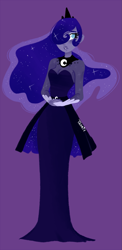 Size: 985x2018 | Tagged: safe, artist:endarie, imported from derpibooru, princess luna, human, alternate hairstyle, clothes, dress, female, gown, humanized, simple background, solo